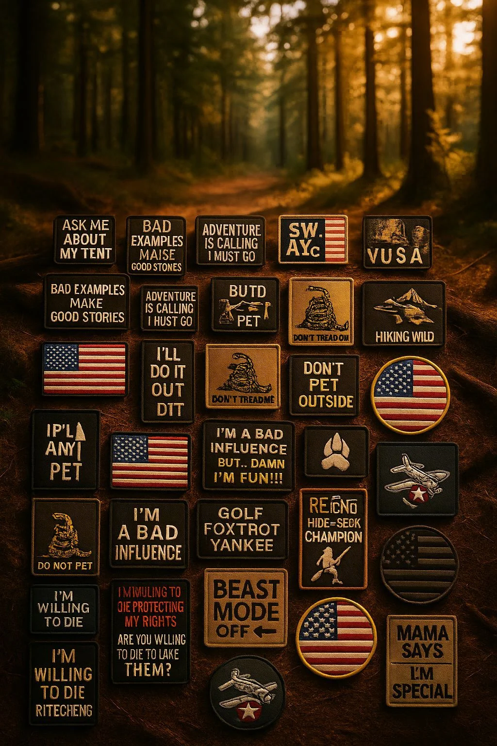 A collection of overlanding patches featuring humorous and adventurous designs, perfect for adding personality to your gear.